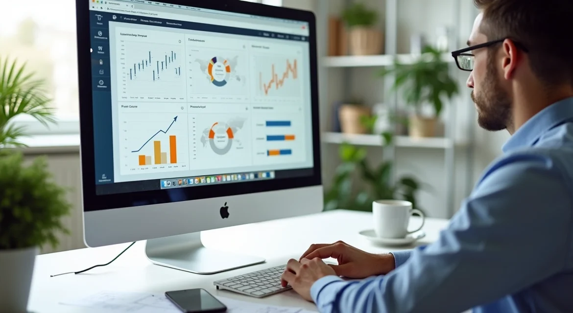 Profissional desenvolvendo uma landing page em computador com diagramas e gráficos de conversão visíveis na tela