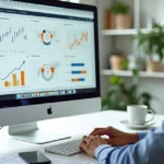 Profissional desenvolvendo uma landing page em computador com diagramas e gráficos de conversão visíveis na tela