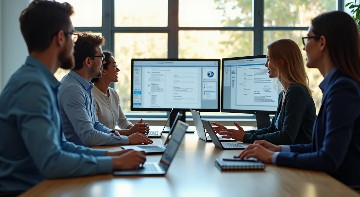 Equipe reunida em escritório moderno discutindo projeto de site institucional em monitores