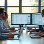 Equipe reunida em escritório moderno discutindo projeto de site institucional em monitores